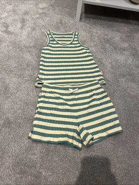 Tiny Cottons Striped Ribbed Tank and Shorts Set in Sage and Cream
